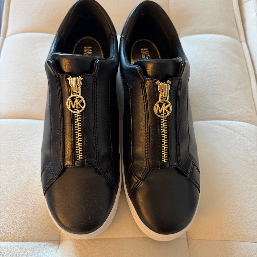Michael Kors Black Leather Slip-On Sneakers with Gold MK Zippers
